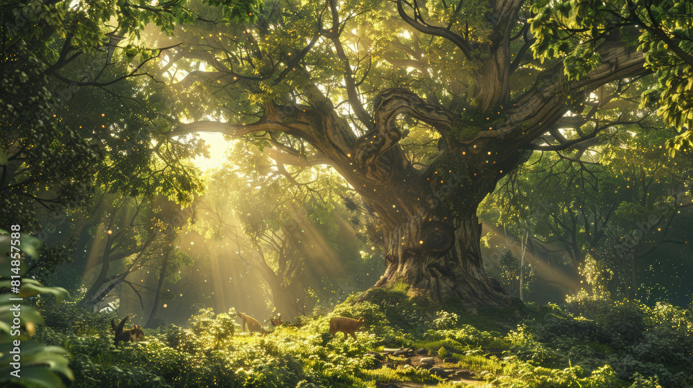 A serene ancient forest scene, with intricate tree designs and lush foliage under natural light streaming through the canopy. 