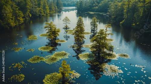 Aerial view of the Caddo Lake in Texas and Louisiana, USA, a mysterious natural lake covered with water lilies and cypres photo
