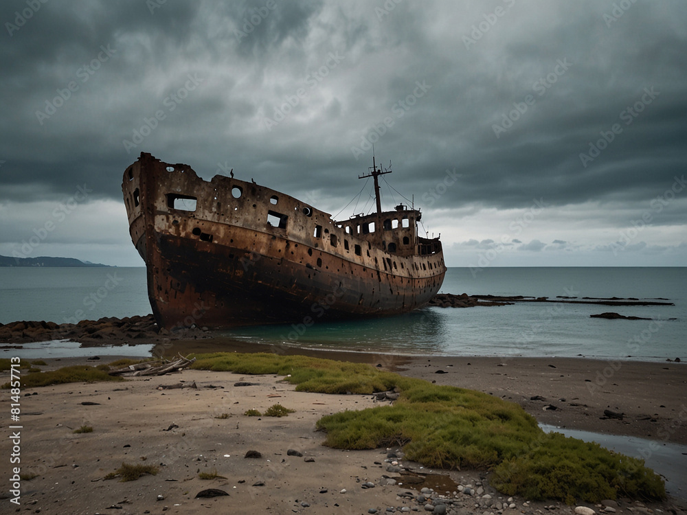 A wrecked ship lies abandoned on the shores of a deep island with no one around A wrecked ship lies abandoned on the shores of a deep island with no one around
