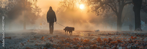 Foggy Morning Dog Walk: A reflective and companionable photo realistic concept capturing a peaceful morning stroll with a dog in a foggy neighborhood park   ideal for reflection an photo
