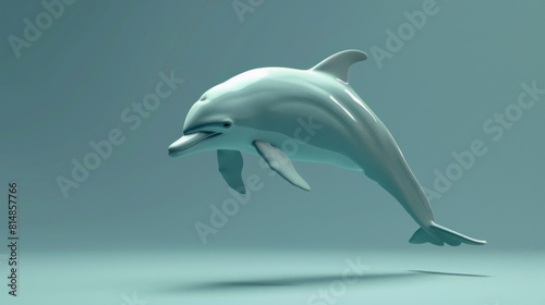 A minimalist and sleek sculpture of a dolphin, crafted with a smooth teal finish, elegantly poised in motion. © Thinnawat