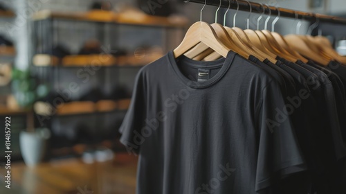 Stock photo of a black t-shirt hanging on a wooden hanger in a studio setting. The image provides a clear view of the front and back of the t-shirt, with a focus on the garment's shape and form.