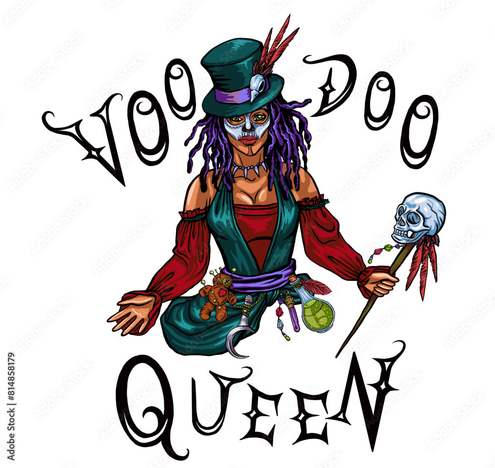 Voodoo queen, ritual voodoo doll and magic ball. cartoon illustration of voodoo witch, fortune telling, white isolated background Voodoo queen, ritual voodoo doll and magic ball. cartoon illustration of voodoo witch, fortune telling, white isolated background