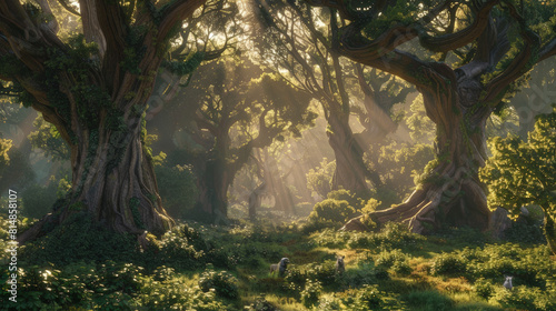 A serene ancient forest scene  with intricate tree designs and lush foliage under natural light streaming through the canopy. 