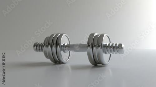 A pair of silver metal dumbbells lying on a reflective white surface, ideal for fitness and strength training themes.