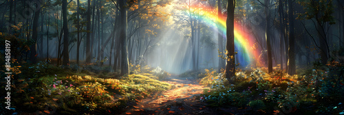 Photo realistic Forest Trail Rainbow: A rainbow guides adventurers through vibrant woodland scenery in lush forest trail | Photo Stock Concept