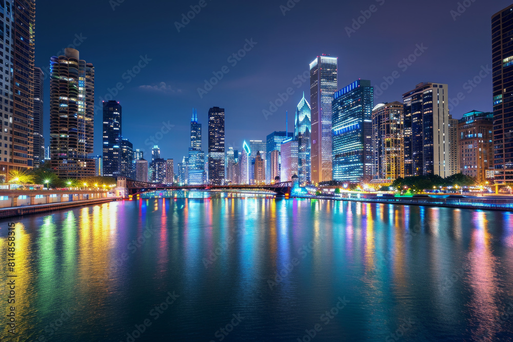 Fototapeta premium A glistening city skyline illuminated against the night sky, with dazzling lights reflecting in the calm waters of an urban river.