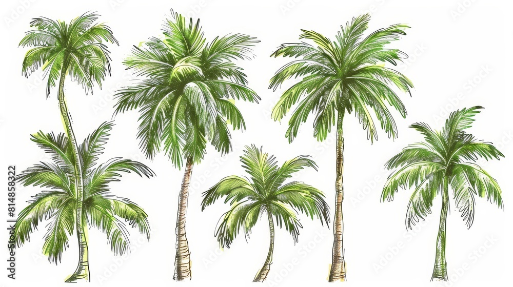 Group of hand-drawn green palm trees, each detailed with vintage flair, creating a sense of a tropical escape on an isolated white background Group of hand-drawn green palm trees, each detailed with vintage flair, creating a sense of a tropical escape on an isolated white background