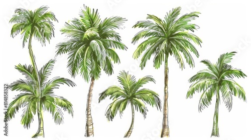 Group of hand-drawn green palm trees  each detailed with vintage flair  creating a sense of a tropical escape on an isolated white background