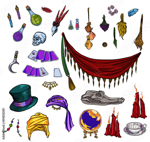 attributes of a fortune teller or witch, candles on the table, flat vector illustration. Astrology, mystical fortune teller accessories. Tarot cards, spell book, potions. Occultism, palmistry, esoteri