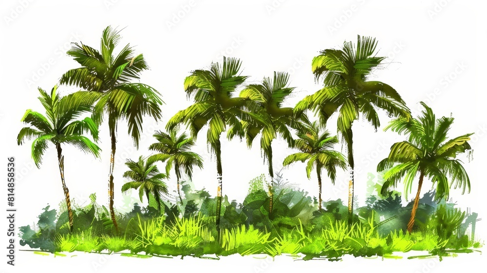 Naklejka premium Hand-drawn green palm trees forming a tranquil tropical jungle scene, each tree standing out vividly on an isolated white background