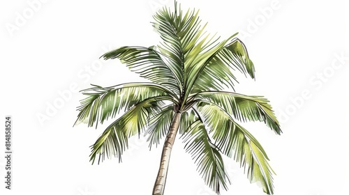 Hand-drawn depiction of a vintage green palm tree  elegantly isolated on a white background  highlighting the timeless charm of tropical scenery