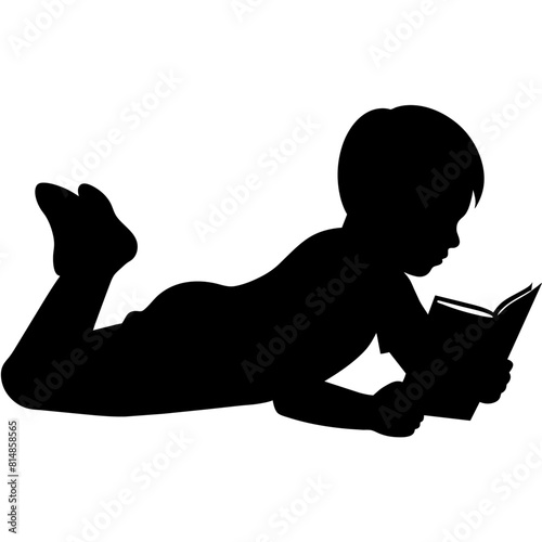 a boy reading book lay down on the ground vector silhouette, white background