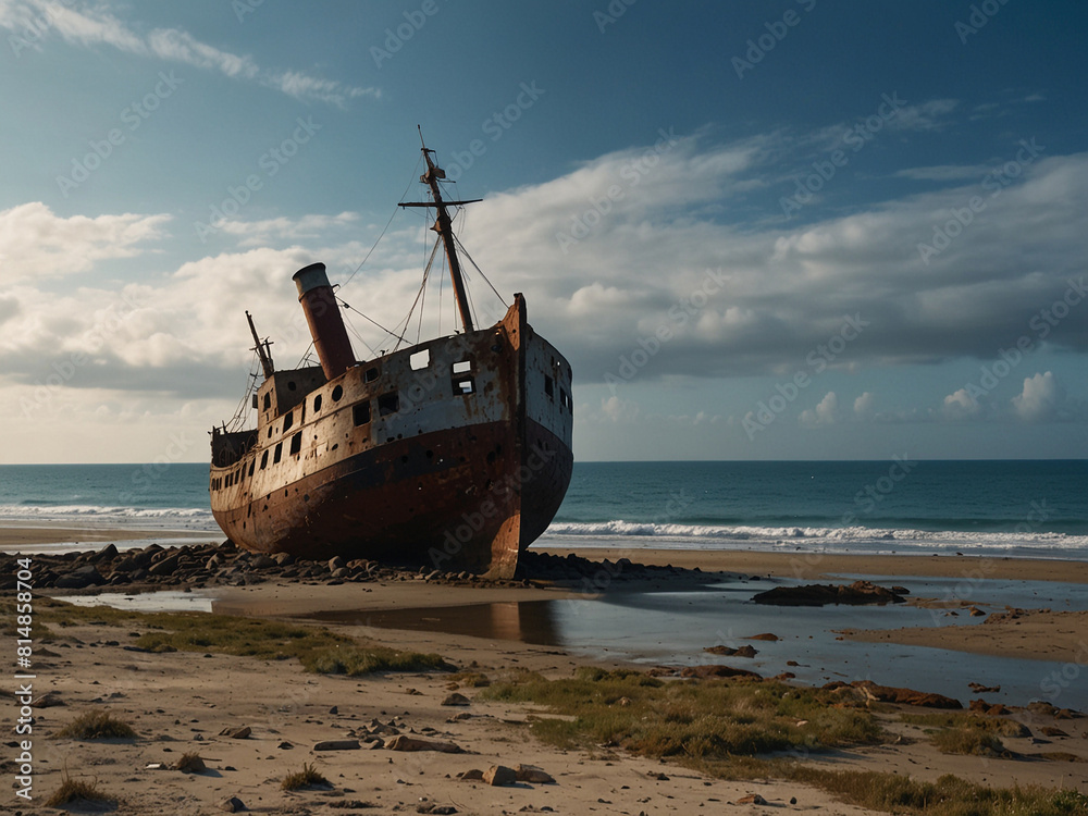 A wrecked ship lies abandoned on the shores of a deep island with no one around A wrecked ship lies abandoned on the shores of a deep island with no one around