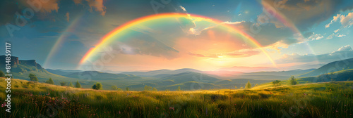 Exquisite Photo realistic High Mountain Rainbow Vista showcasing the awe inspiring beauty of a rainbow stretching across the mountain landscape, symbolizing hope and renewal after 