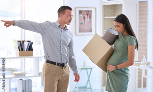 Fotografie Boss, man and dismissal pregnant woman in office with box, sad and discrimination with inequality in workplace