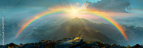 High Mountain Rainbow Vista: Breathtaking Rainbow Storm Symbol of Hope and Renewal in Photo Realistic Concept on Adobe Stock