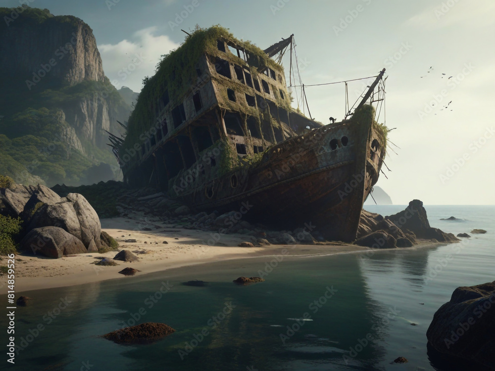 A wrecked ship lies abandoned on the shores of a deep island with no one around A wrecked ship lies abandoned on the shores of a deep island with no one around