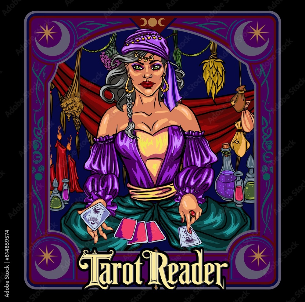 Beautiful woman prophetess, fortune-teller  holding tarot cards. Colour line vector illustration. Boho style for icon, logotype, avatar, tattoo, poster, print design