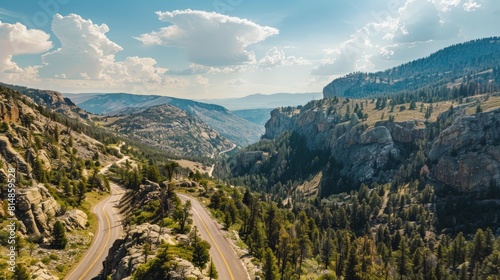 Aerial view of the Beartooth Highway in Montana and Wyoming, USA, a scenic drive that offers breathtaking views of the su photo