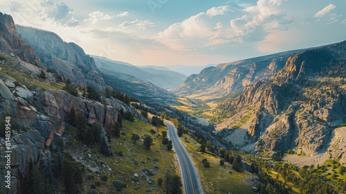 Aerial view of the Beartooth Highway in Montana and Wyoming, USA, a scenic drive that offers breathtaking views of the su