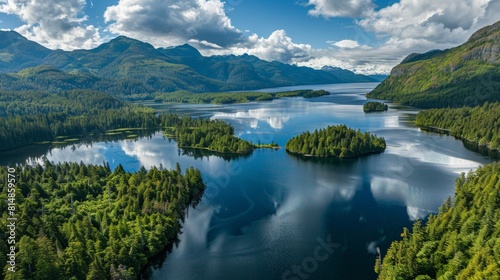 Aerial view of the Bowron Lake Provincial Park in British Columbia, Canada, famous for its canoe circuit through multiple