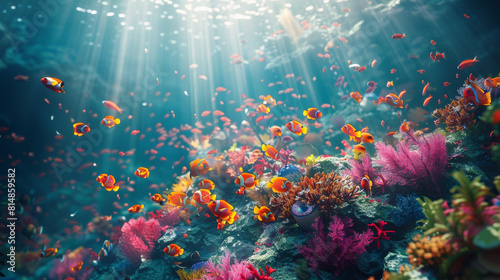 A vibrant underwater coral reef, teeming with colorful fish and marine life, illuminated by shafts of sunlight. 