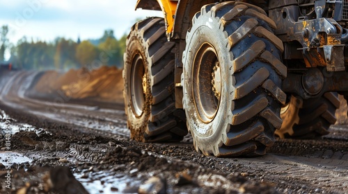 A large yellow tractor drives through a muddy field. The tractor has large, knobby tires that are caked in mud. The tractor is moving slowly and appears to be working hard. photo