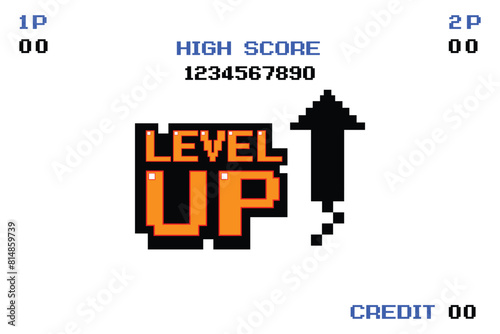 LEVEL UP icon pixel art .8 bit game. retro game. for game assets in vector illustrations on white background.	