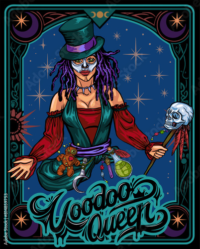 Voodoo queen, ritual voodoo doll and magic ball. cartoon illustration of a voodoo witch,Boho style for icon, logotype, avatar, tattoo, poster, print design,