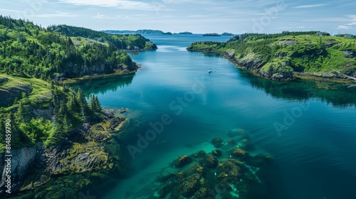 Aerial view of the Shellburne Bay in Newfoundland, Canada, a remote and untouched bay area with vibrant marine life and p