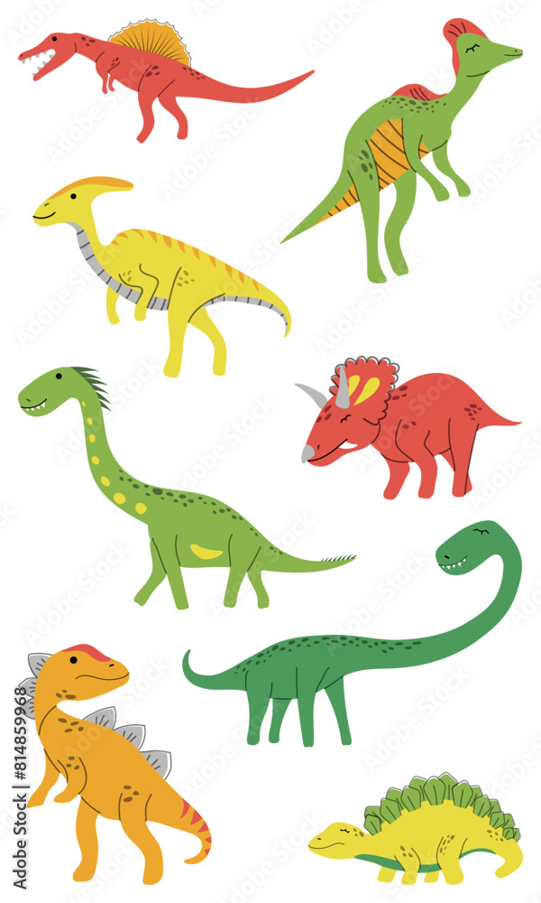 Dinosaurs vector set in cartoon scandinavian style. Various dinosaur characters. Funny prehistoric animals in simple hand drawn style