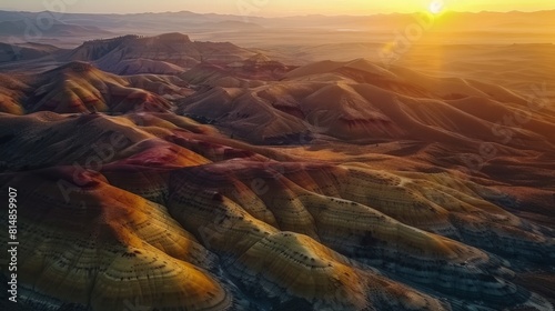 Aerial view of the Painted Hills in Oregon, USA, part of the John Day Fossil Beds National Monument, known for its colorf photo