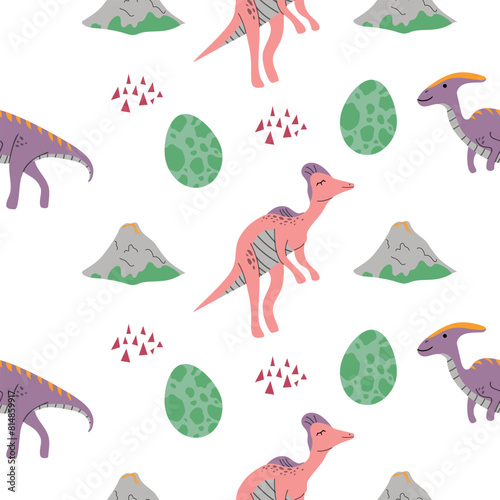 Baby dinosaur seamless pattern in cartoon flat style. Hand drawn dino vector pattern for scrapbook paper, prints, background, wallpaper, fabric.