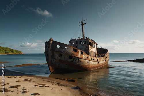 A wrecked ship lies abandoned on the shores of a deep island with no one around © SOHAN-Creation