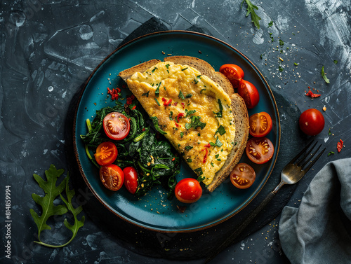 Omelette with bread in modern ceramic plate on slate table background photo