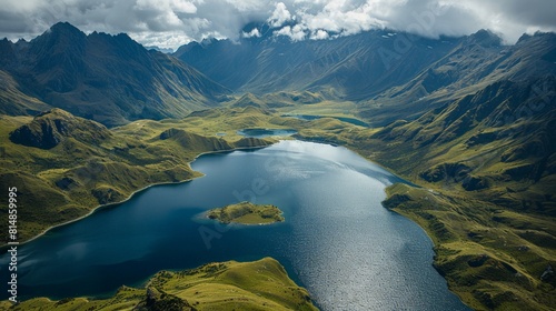 Aerial view of the Nelson Lakes National Park in New Zealand, featuring pristine glacial lakes and rugged mountain peaks, photo