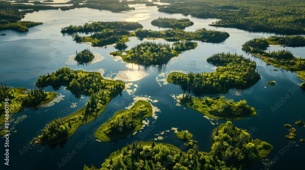 Aerial view of the Boundary Waters in Minnesota, USA, a vast network of waterways and wilderness, popular for canoeing an
