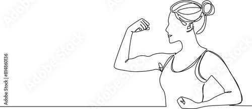 continuous single line drawing of woman flexing arm muscles, line art vector illustration