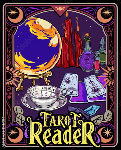 Tarot banners with gypsy fortune teller, ritual cards and magic ball. Vector posters of future predict, cartomancy with cartoon illustration of soothsayer and crystal sphere on table, Tarot divination