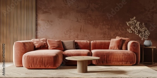 Modern interior design of living room with large peach velvet sofa and coffee table against brown wall background, front view.