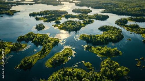 Aerial view of the Boundary Waters in Minnesota, USA, a vast network of waterways and wilderness, popular for canoeing an © bvb215