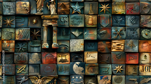 Photo realistic Liberty and Justice Tiles Iconic Symbols and Phrases Embodying American Democratic Values for Stock Concept