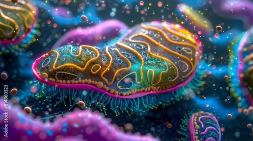 Cross-sectional illustration of a mitochondria,It has an internal structure that folds back and forth,biology, 3D background colorful eukaryote ,plant and animals cell create energy ATP, cell biology