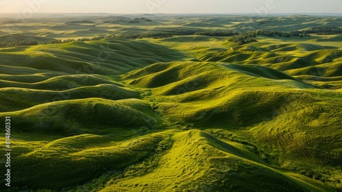 Aerial view of the Nebraska Sandhills, USA, showcasing rolling hills of sand covered with grass, a unique ecological regi photo