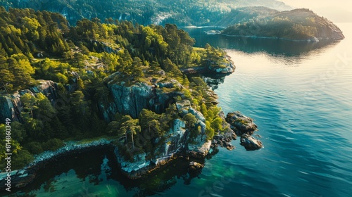 Aerial view of the High Coast in Sweden, known for its dramatic landscapes shaped by post-glacial rebound, featuring high photo