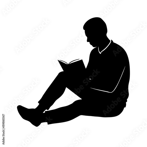 a man reading book sitting on the field ground grass vector silhouette