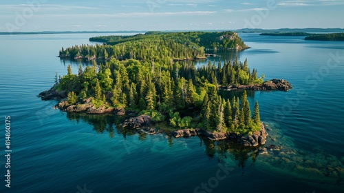 Aerial view of the Isle Royale in Michigan, USA, an isolated island in Lake Superior known for its rugged wilderness and