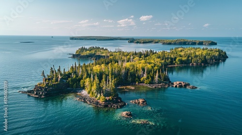 Aerial view of the Isle Royale in Michigan, USA, an isolated island in Lake Superior known for its rugged wilderness and © bvb215