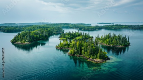 Aerial view of the Isle Royale in Michigan, USA, an isolated island in Lake Superior known for its rugged wilderness and